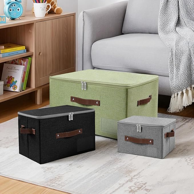 ANMINY 3PCS Storage Bins with Zipper Lid Storage Boxes with Label Holder PU Leather Handles Washable Foldable Decorative Lidded Cotton Linen Fabric Cubes Baskets Closet Organizer - Green, Large