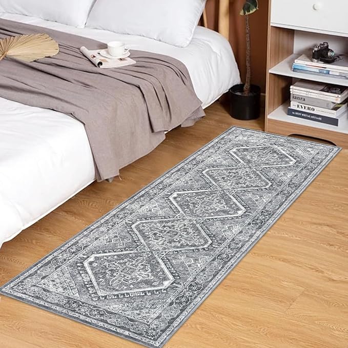 KUTA Oriental Washable Runner Rug, 2x5 Runners Non-Slip Vintage Grey 5ft Hallway Kitchen Rugs Ultra Soft Printed Distressed Tribal Farmhouse Carpet for Bedroom Entryway Decor