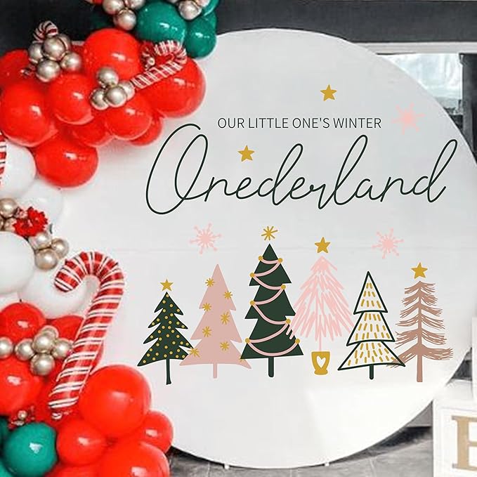 Our Little One's Winter ONEderland Decal - Winter 1st Birthday Party Decorations,Pink Green Christmas Trees Sign Stickers,Frozen Wonderland Party Wall Decals,First Snowflake Holiday Decoration
