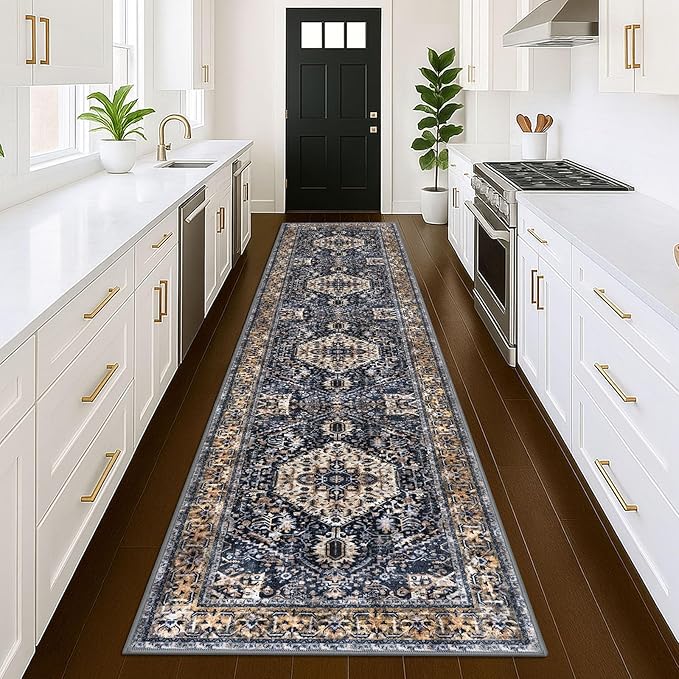 KOZYFLY Runners for Hallways 3x12 Ft Extra Long Washable Kitchen Thin Runner Boho Runner Rug for Entryway Indoor Printed Faux Wool Stair Runner Floor Carpet for Stair Kitchen Hall, Gold/Navy