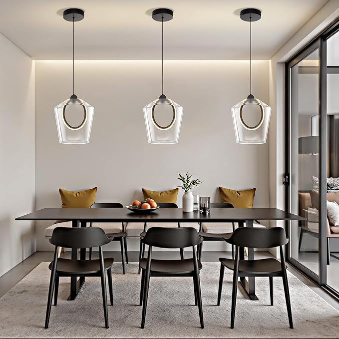 Modern Glass Pendant Lighting for Kitchen Island 1 Pack, Black LED Pendant Light Fixtures 3000K, Adjustable Hanging Ceiling Light, Angled Clear Glass Shades 8 Inch