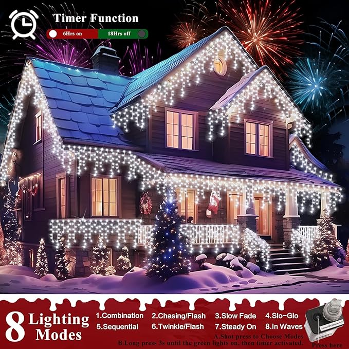 XURISEN 66ft Christmas Lights Decorations Outdoor, 640 LED 8 Modes Curtain Fairy Lights with 120 Drops,Plug in Waterproof Timer Memory Function for Christmas Holiday Wedding Party Decor(Cool White)