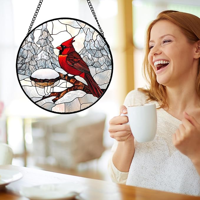 Stained Glass Window Hanging Cardinal Bird Winter Snow Scene 7.8" - Suncatcher Door Garden Sunroom Sun Catcher Home Decor Birthday Christmas for Mom Men Woman Nana