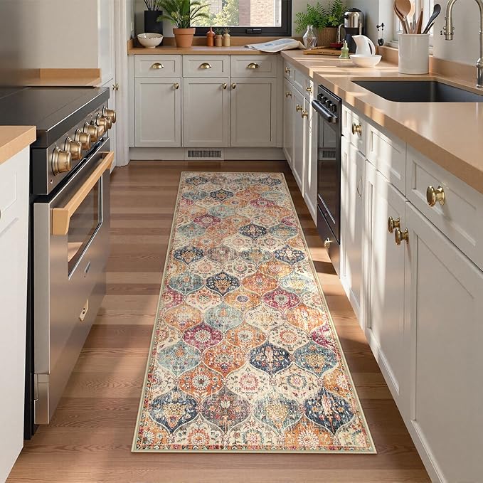Lahome Moroccan Hallway Runner Rug, 2'5''x8' Ultra-Thin Washable Runners for Hallways Kitchen, Oriental Laundry Room Rug Non-Slip Vintage Long Carpet for Entryway Bedroom Bathroom, Cream/Multi