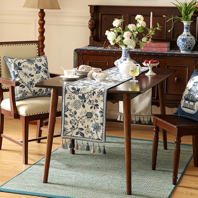 bilingaier Decorative Linen Table Runner 102 Inches Long,Chinoiserie Blue Floral Cloth Runner for Coffee Table Decor Tabletop Table Runners for Kitchen,Dining,Party,Home,Christmas,12"*102"