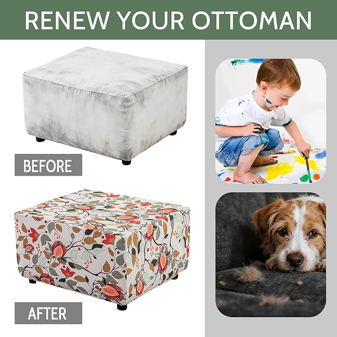 HAOYONG Ottoman Cover Square, Stretch Ottoman Slipcover Printed, SoftFoot Stool Cover Protector with Nonslip Elastic Bottom Removable Washable