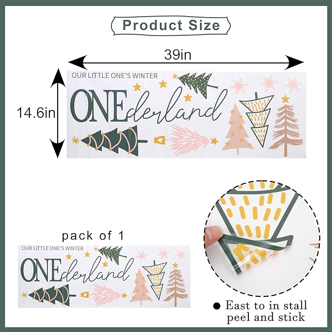 Our Little One's Winter ONEderland Decal - Winter 1st Birthday Party Decorations,Pink Green Christmas Trees Sign Stickers,Frozen Wonderland Party Wall Decals,First Snowflake Holiday Decoration