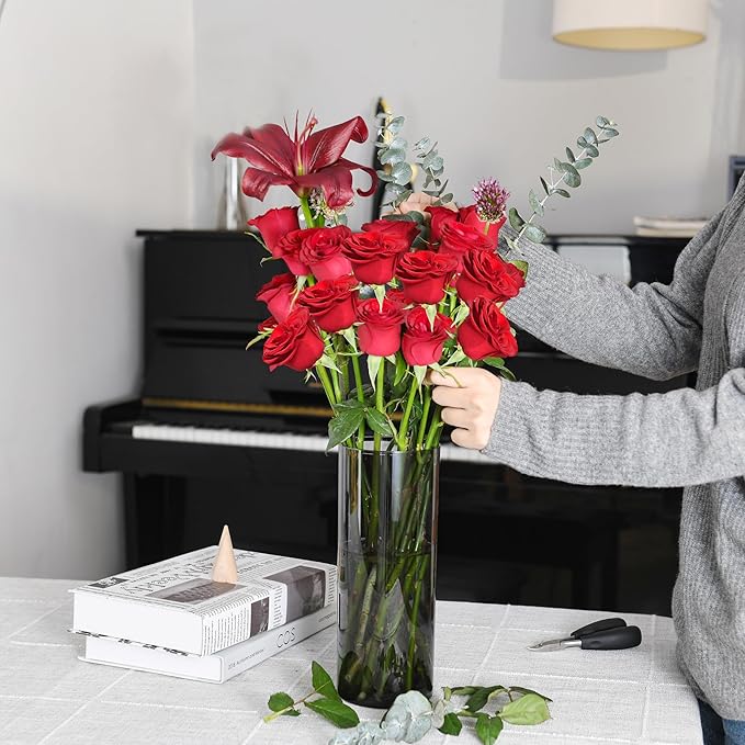 Flower Vase, Non-breakable Vases, 6" W x 14" H, Acrylic Grey Vase, Aesthetic Room Decor Cylindrical Modern Flower Vases for Table Centerpiece, Home Decor, Women Floral Arrangement Gift