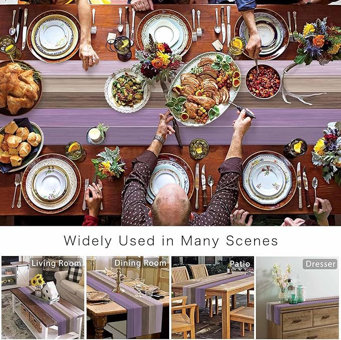 Spring Farmhouse Cotton Linen Table Runner Retro Rustic Barn Wood Texture Ombre Lavender Purple Brown Non-Slip Rectangle Party Table Decorations for Kitchen,Home,Dining,Outdoor,13X72 Inches Long