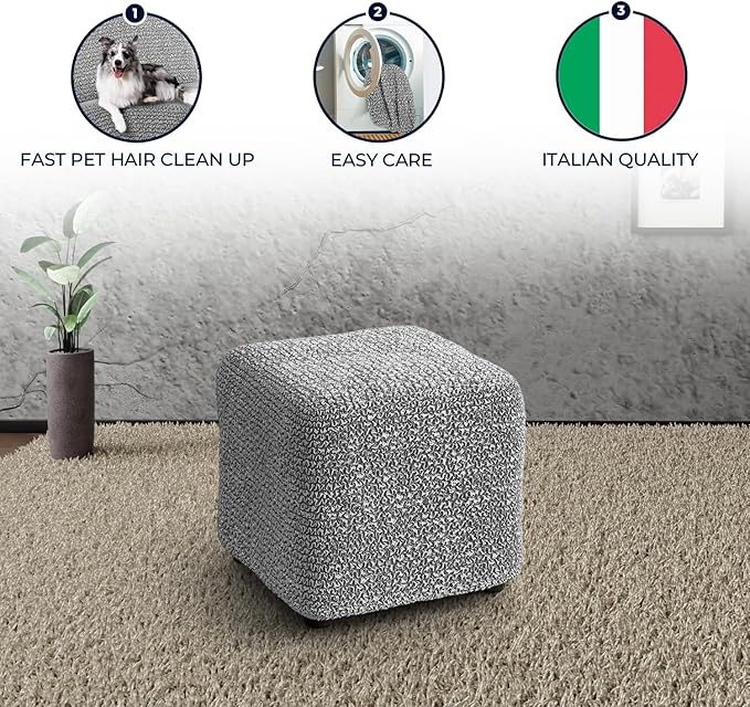 PAULATO BY GA.I.CO. Small Ottoman Cover Stool Cover Pouf Slipcover - Soft Polyester Fabric Slipcover - 1-Piece Form Fit Stretch Furniture Protector - Microfibra Collection - Ash (Ottoman)