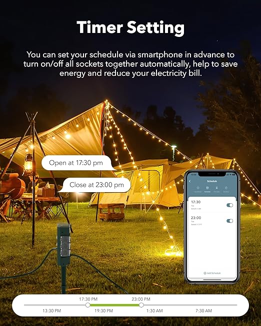 HBN Outdoor Smart Plug Waterproof with 6 Outlets,WiFi Power Stake Timer 6Ft Cord,Outdoor Outlet Timer for Halloween/Christmas Lights,Compatible with Alexa & Google Assistant, Voice Control,ETL Listed