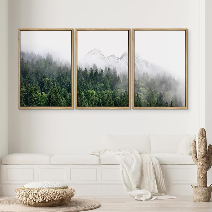 SIGNWIN Framed Canvas Print Wall Art Set Winter Mountain Misty Forest View Nature Wilderness Photography Modern Art Rustic Landscape Relax/Calm for Living Room, Bedroom, Office - 24"x36"x3 Natural