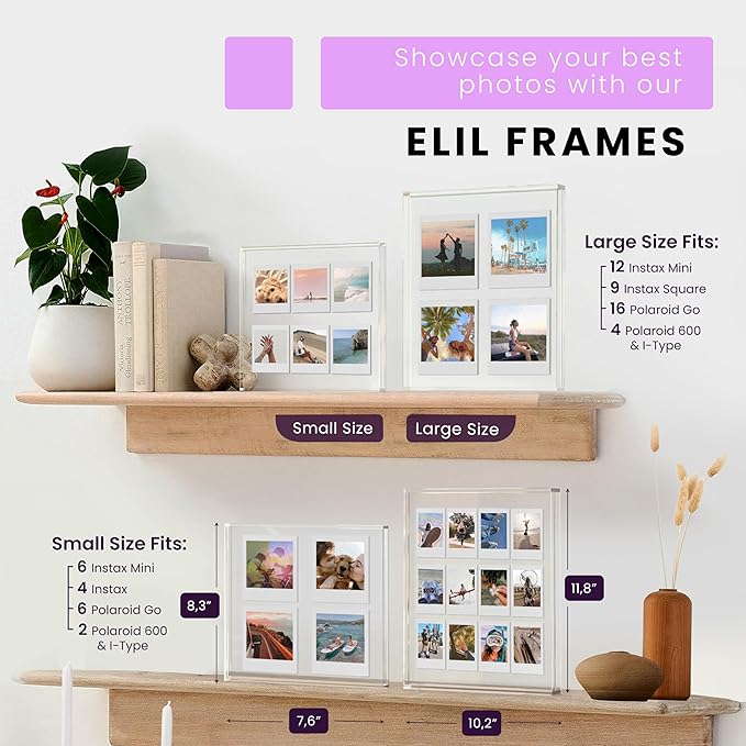 Elil Polaroid & Fujifilm Instax Frame – Clear Acrylic Floating Picture Frame 11.8" x 10.2" Holds 8x10 Photo or 12 Instax Mini Polaroid Go Prints Double-Sided Collage Display for Wedding & Graduation