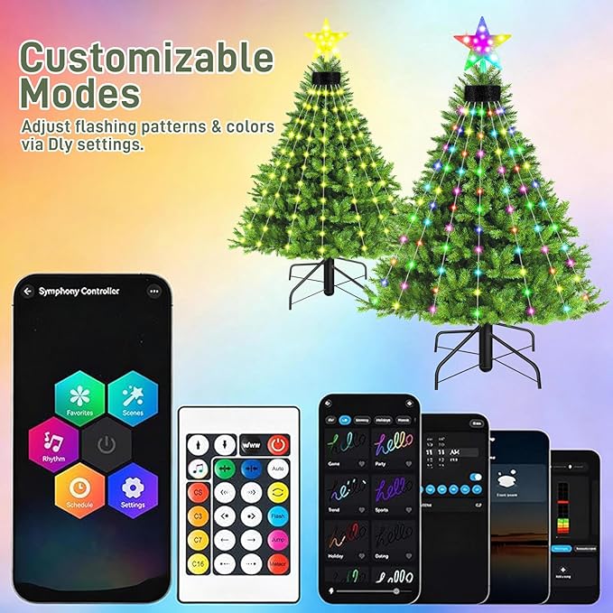 Christmas Tree Lights, 6.6 FT,226 LED RGB Light Beads,Star String Lights Waterfall LED Light String for Christmas Trees Yard Party Holiday Decor, Supports APP/Timer/DIY Mode/Music/Remote