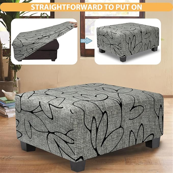 Ottoman Cover Rectangle Printed,Stretch Slipcover for Rectangular Footstool,Soft Fabric with Non-Slip Elastic Bottom,Furniture Protector for Living Room or Bedroom,X-Large,Lotus