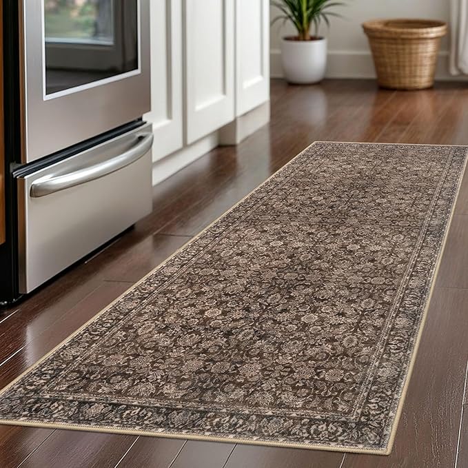 2x5 Washable Rug Rust Reddish Brown Small Area Rug for Entryway, Soft Non-Slip Indoor Door Mat Distressed Floral Low-Pile Kitchen Rugs, Neutral Vintage Carpet for Entrance Bedside Farmhouse