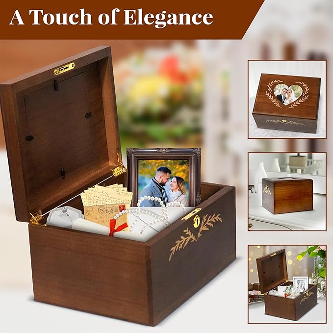 Wedding Keepsake Box With Lock, Large Memory Box for Keepsakes | Decorative Large Wooden Storage Box, with Heart frame Photo Keepsake Box, Baby Memory box | Wooden Gift Boxes-11×8.5×5in