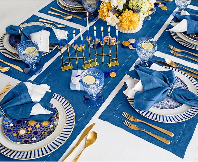 Solino Home Linen Indigo Blue Table Runner 144 Inches Long - 100% Pure Linen Extra Long Table Runner 14 x 144 Inch for Winter, Spring, Easter - Classic Hemstitch