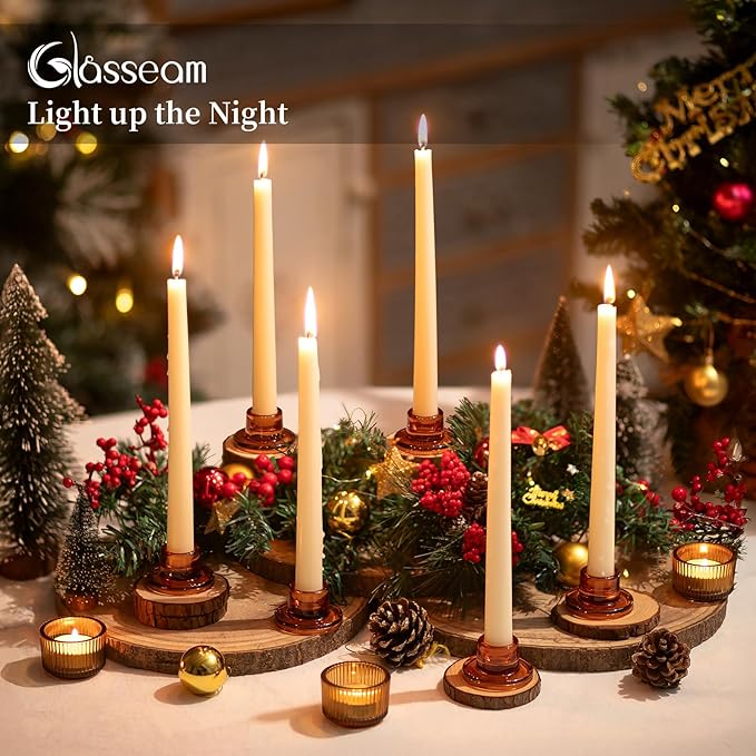 Glasseam Glass Taper Candle Holders: 10Pcs Small Tapered Candlestick Holders Bulk Short Amber Short Candle Sticks Holder Decor for Table Centerpiece Vintage Thanksgiving Christmas Fall Dinner Party