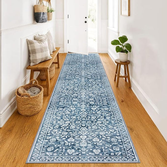Vintage Runner Rugs for Hallway 3x12, Blue and White Washable Long Hallway Runner Rug Non Slip, Super Soft Kitchen Runner Rug, Print Faux Wool Floral Thin Carpet Hall Runner