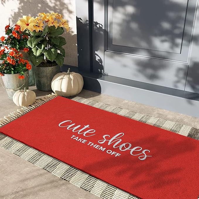 Entryway Cute Shoes Take Them Off Outdoor Mat With Rubber Backing - Indoor Outdoor Doormat for Home Entrance - Non Slip Natural 18x47 Inch Red