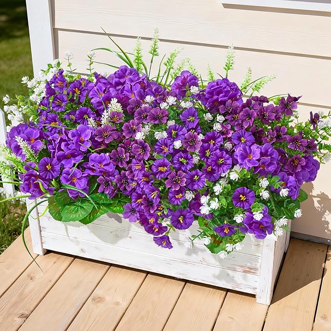 16 Bundles Artificial Flowers for Outdoors, UV Resistant Silk Faux Flowers for Outside Planters,Garden,Porch,Patio,Yard,Home Decor(Purple)
