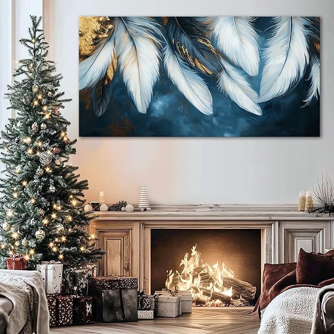 Mofutinpo Blue and Gold Wall Art Navy Blue Decor for Living Room Feather Canvas Art Wall Decor, Blue Bedroom Wall Decor Above Bed Pictures Wall Painting - Artwork for Walls 29×58IN