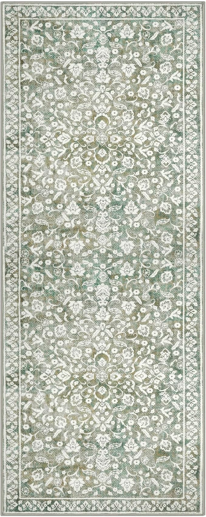 Vintage 3x8 Hallway Rug, Sage Green Beige Washable Hallway Runner Rug Non Slip, Super Soft Kitchen Runner Rug, Print Faux Wool Floral Thin Carpet Runner for Entryway Indoor Bedroom