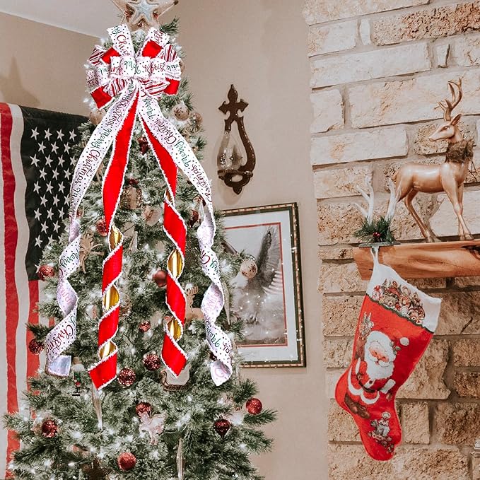 Christmas Tree Topper Bow Christmas Wreath Bow 52x13 Inches Large Burlap with White Red Polyester Edge Gift Bow for Xmas Tree Décor Christmas Home Indoor Outdoor Decoration