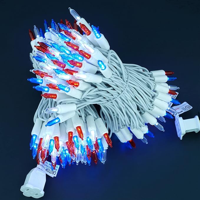 200 Count Red White and Blue LED Christmas Lights, 66 ft White Wire UL Certified Commercial Grade Holiday String Light Set (Red White & Blue)