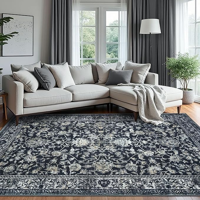 KILOCOCO Area Rug 6x9 Living Room Rug Washable Printed Vintage Floral Non Slip Soft Rubber Backed Indoor Bedroom Rugs for Laundry Room Kitchen Playroom Moroccan Area Rugs, Navy/Charcoal