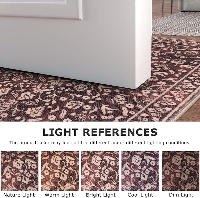 Vintage 2x7 Runner Rug, Burgundy Washable Runners for hallways, Super Soft Kitchen Runner Rug Non Slip, Print Faux Wool Floral Thin Carpet Runner for Entryway Indoor Bedside Runner