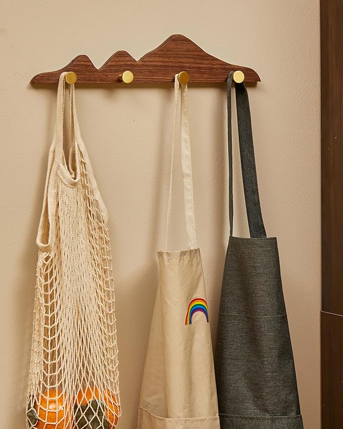 Wood Coat Hooks Wall Mount - Wooden Coat Rack with 4 Gold Brass Hooks for Entryway Bathroom Bedroom, Modern Decorative Wall Hooks Heavy Duty Organizer for Hanging Clothes Hats Bags Robes Towels Purse