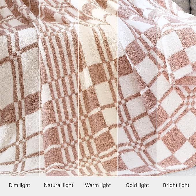 WRENSONGE Checkered Throw Blanket, Clay Pink Soft Cozy Fluffy Warm Hand Made Throw Blankets for Couch, Sofa, Chair, Bed, Camping, Picnic, Travel Lightweight Bed Blanket - 50"*60"