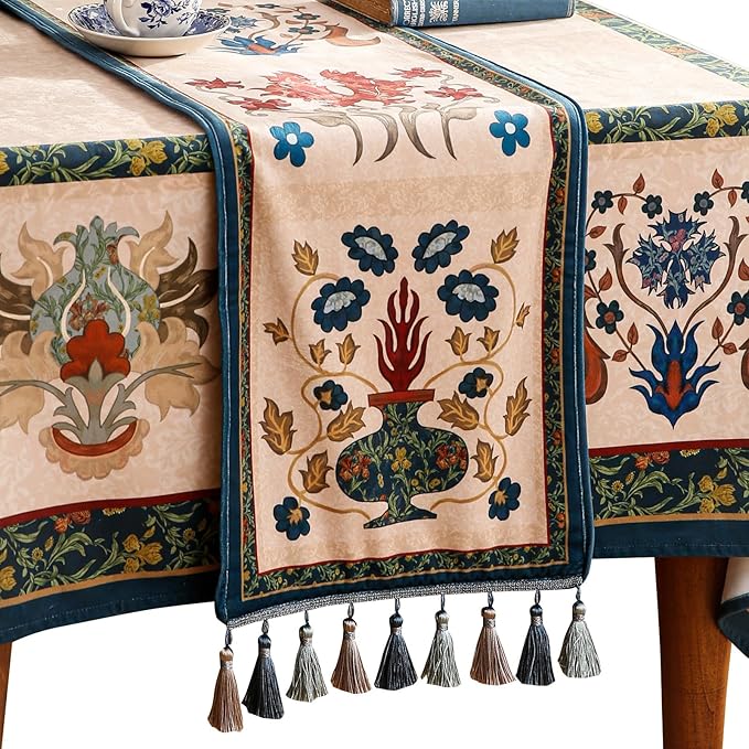 patdrea Designer Casual Wild Floral Velvet Table Runner 102 Inch Long, Brown Occult Bouquets Pattern Table Mat, Decoration for Kitchen Dining Coffee Table Cabinet Banquet Thanksgiving,12"*102"