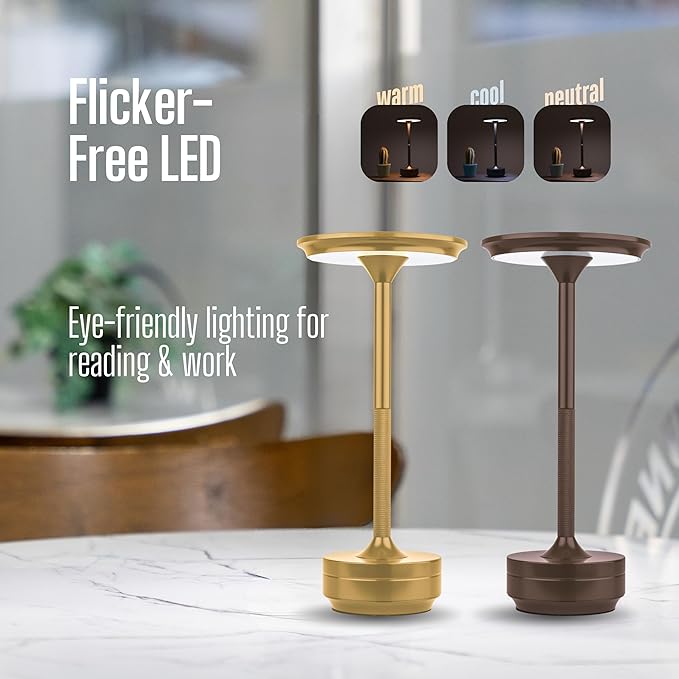 Cordless Rechargeable Touch Lamp 5000mAh Battery, 20+ Hours Use, USB-C Charging, 3 Color & Brightness Settings, Aluminum Table Lamp for Bedroom, Dining, Office or Cafe (Black)