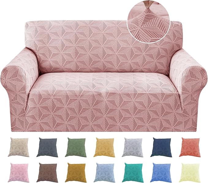 YEMYHOM 1 Piece Stretch Couch Covers for 2 Cushion Couch, Jacquard Loveseat Cover with Non-Slip Elastic Bottom, Thickened Slipcover Furniture Protector for Dogs Pets (Medium, Pink）