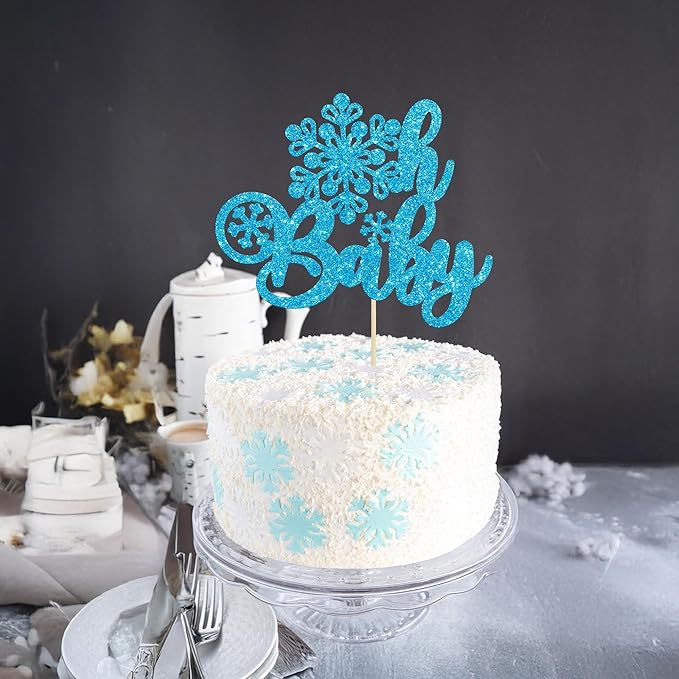Gyufise 1 Pack Oh Baby Cake Topper Glitter Snowflake Baby Shower Cake Pick Decorations for Winter Theme Kids Birthday Party Supplies Blue