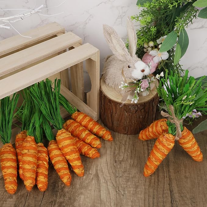 DR.DUDU Easter Decorations 12 Pcs Carrot Ornament, Sisal Jute Fabric Artificial Decor for Spring Crafts, Fireplace, Home, Kitchen Party Supplies