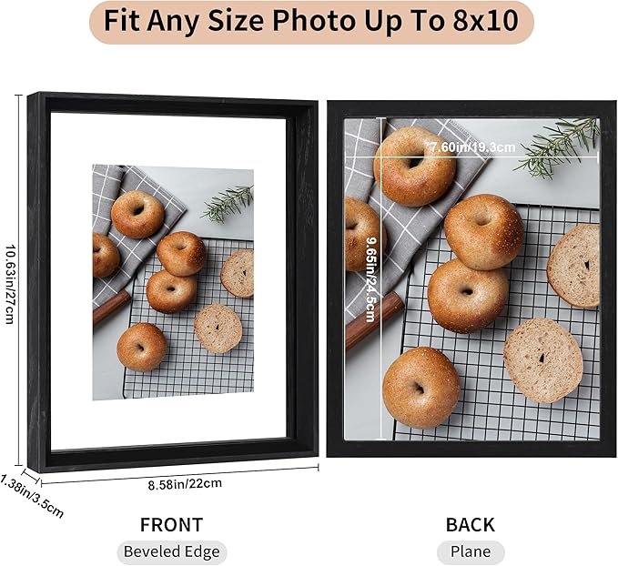 8x10 Floating Frames 2 Pack Wooden Photo Frame Double Sided Glass Picture Frame for Any Size Picture up to 8x10, Wall Mount or Tabletop Displays, Double-edged Frames, Black