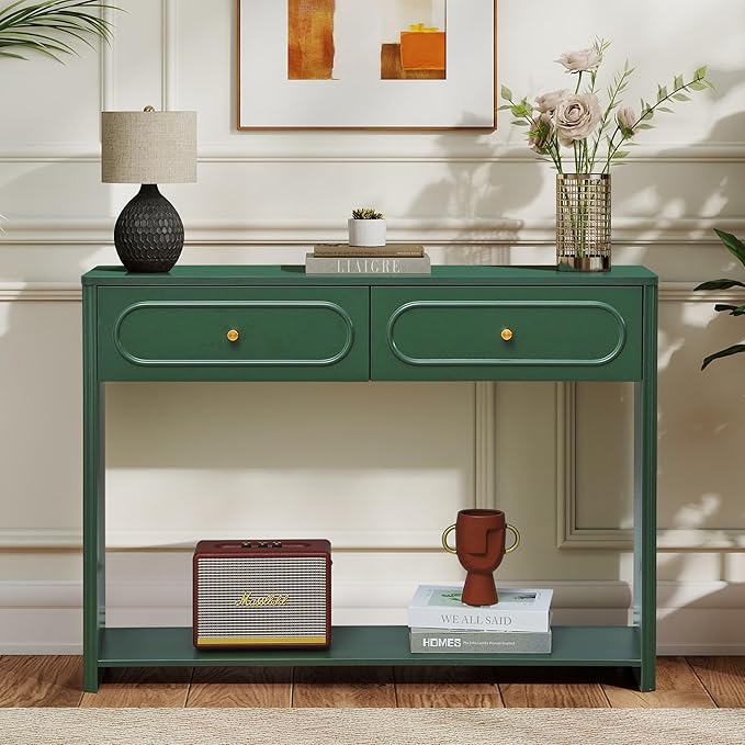 ORRD Fluted Console Table with Drawers, Mid-Century Narrow Entryway Table with Open Storage Shelves, Hallway Accent Tables Behind Couch Tables for Living Room (Green)