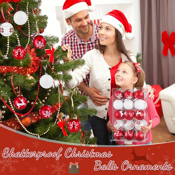 Christmas Ornaments Balls - 30 Pcs 2.4 Inch Shatterproof Plastic Christmas Balls Sets, Red & White Small Christmas Tree Ball Hanging Ornaments for Holiday Wreath Party Christmas Tree Decor (G)