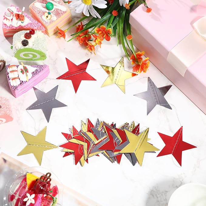 Patelai Glitter Star Garland Banner 2026 New Years Decor 130 Feet Star Hanging Banner Twinkle Backdrop for Birthday Classroom Wedding Christmas Party Supplies(Red, Black, Gold)