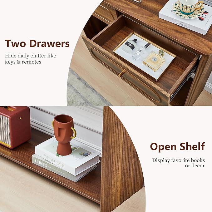 ORRD Fluted Console Table with Drawers, Mid-Century Narrow Entryway Table with Open Storage Shelves, Hallway Accent Tables Behind Couch Tables for Living Room (Walnut)