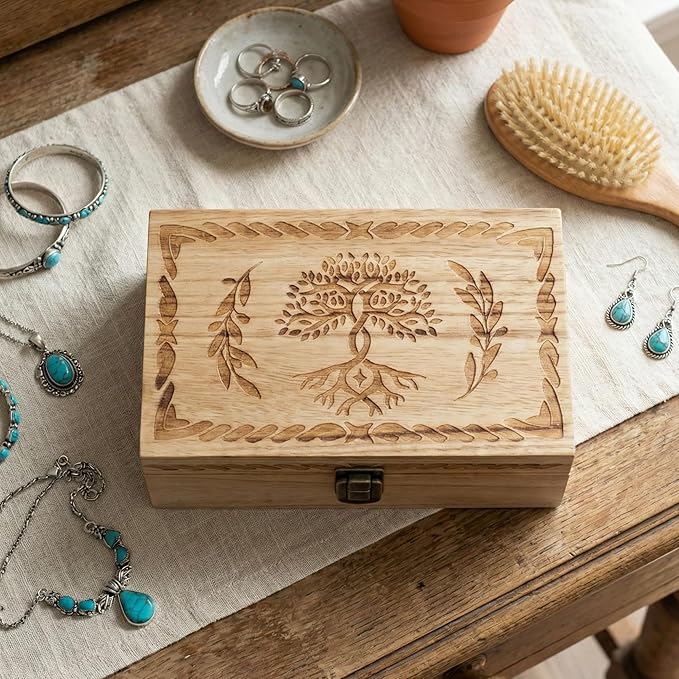 Tree of Life Keepsake Box, Wooden Decorative Trinket Box Celestial Decor for Women, Witchy Gifts Home Decor Jewelry Storage Boxes with Hinged Lid