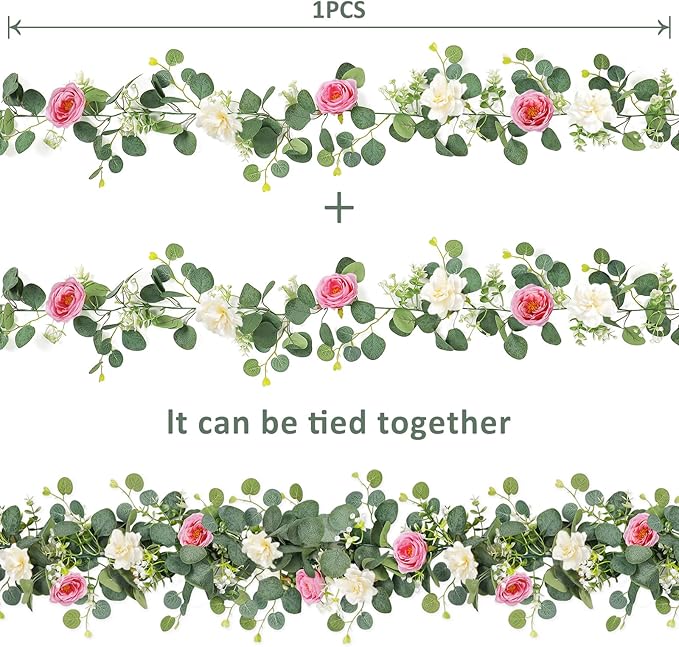 TOCHGREEN 2 Pack 13Ft Artificial Eucalyptus Flower Garland with Pink Roses White Flowers, Fake Rose Flower Greenery Garland Floral Vines for Wedding Home Party Table Runner Decor (White Pink, 2PCS)