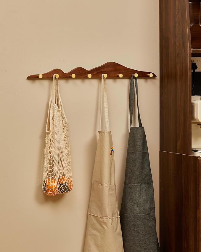 Wood Coat Hooks Wall Mount - Wooden Coat Rack with 8 Gold Brass Hooks for Entryway Bathroom Bedroom, Modern Decorative Wall Hooks Heavy Duty Organizer for Hanging Clothes Hats Bags Robes Towels Purse