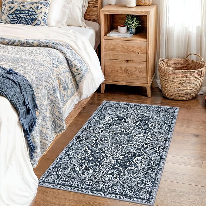KUTA Vintage Small Area Rug 2x3 Non-Slip Washable Entryway Rugs Navy Blue Ultra Soft Modern Floral Doormat Printed Retro Distressed Carpet Accent Farmhouse Kitchen Throw