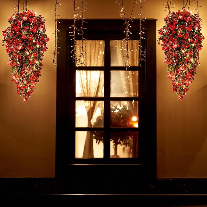 RECUTMS Faux Hanging Plants 2 Pack Hanging Flowers Artificial Decor Greenery Fake Vines with Lights Strings Plastic Flowers Artificial Ivy Leaves Long Stem for Porch Patio Kitchen (Red)