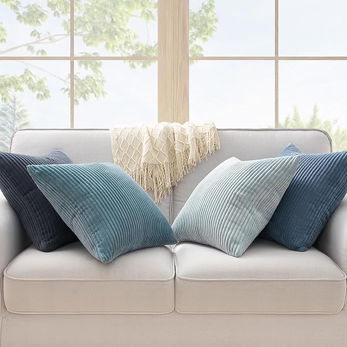 Topfinel BlueGray Throw Pillow Covers 24x24 Inch Set of 4,Soft Accent Corduroy Decorative Cushion Cover,Square Modern Pillow Case for Beach,Patio,Balcony,Living Room,Summer Gradient Shams Home Decor
